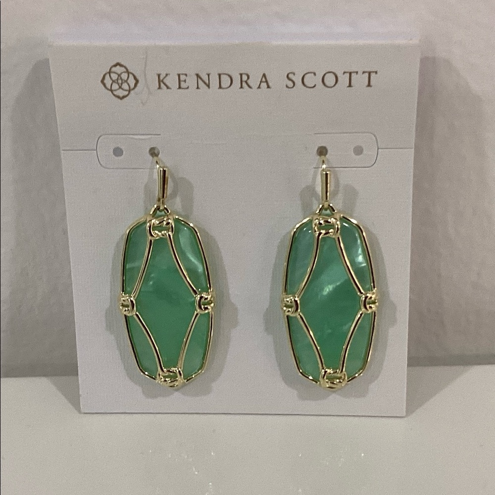Kendra Scott Elle Lattice Frame Drop Gold Green Mother of Pearl Earrings NWOT
